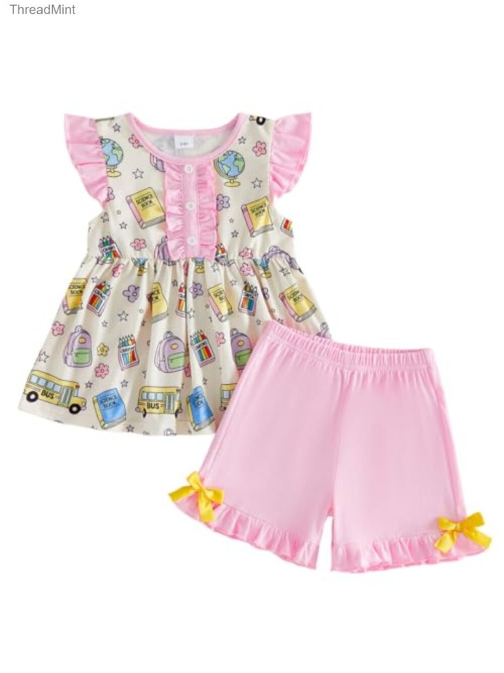 Toddler Girl School Outfit Ruffle Tank Shorts Set Apple Pencil Print 2 Piece